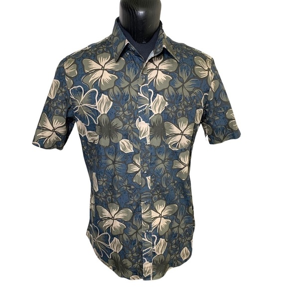 Hudson North Tropical Floral Blue Tan Casual Button Up Shirt Short Sleeves L - Picture 1 of 10